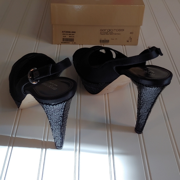 Sergio Rossi NWT Tessuto Raso Black Leather Slingback Platform Heels size 10 - Picture 8 of 15